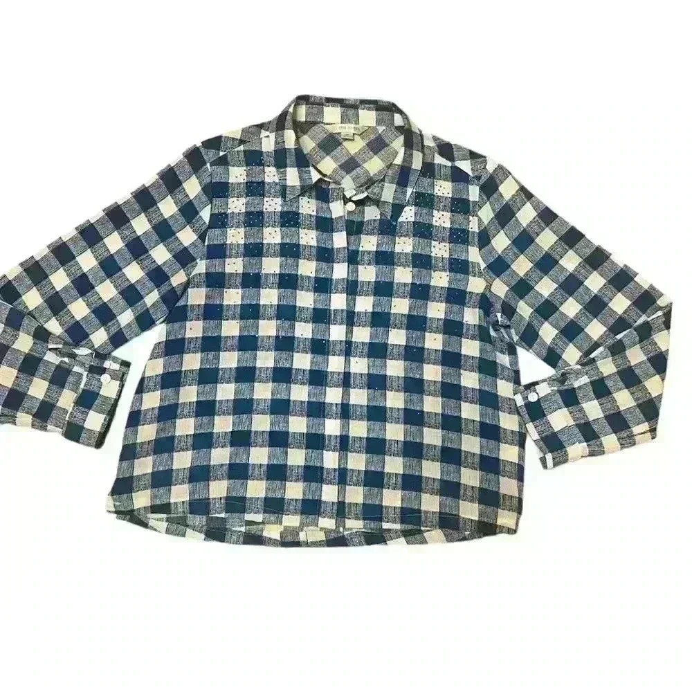 Women’s Erin London button-down shirt blue and white sparkle 4 of july shirt